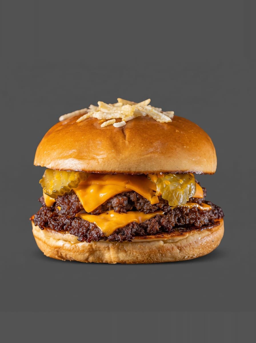 Dois smash burgers grelhados na chapa, crocante por fora, suculento por dentro.